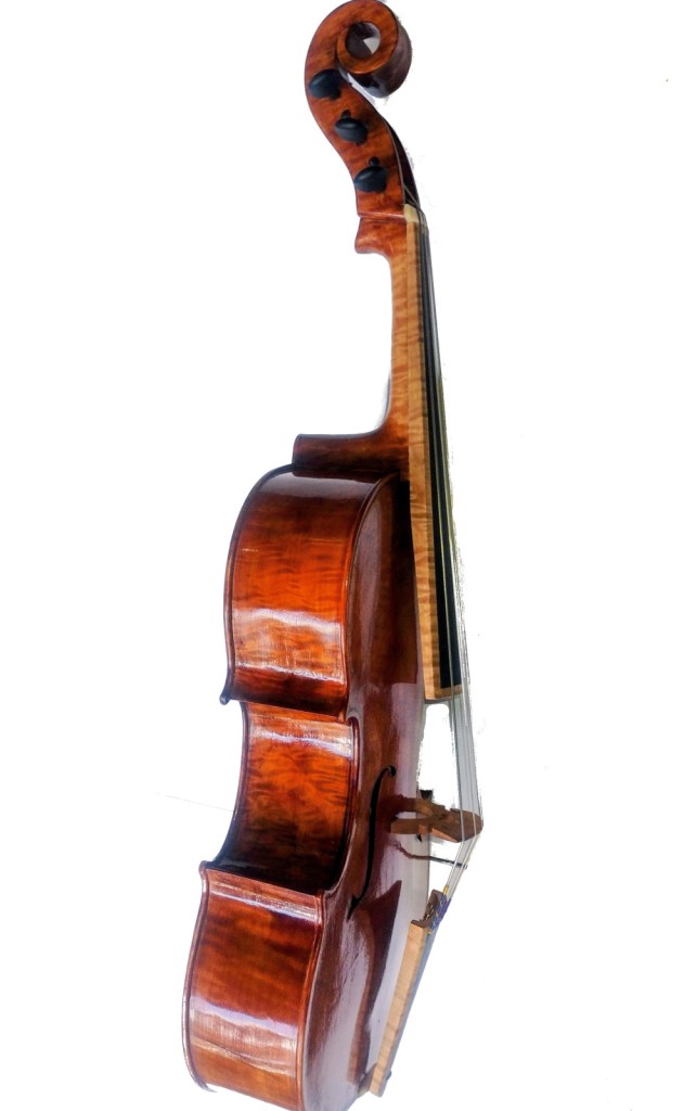 A side view of a wooden violin showcasing its polished finish and detailed craftsmanship.
