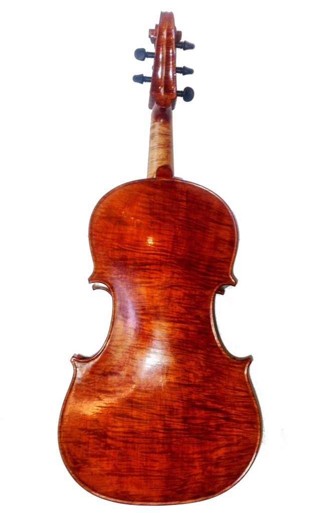 Back view of a polished wooden violin showcasing its rich grain and smooth finish.