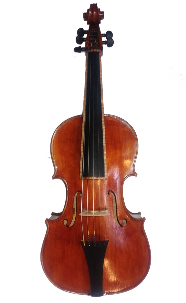Front view of a wooden violin with a polished finish and four strings.