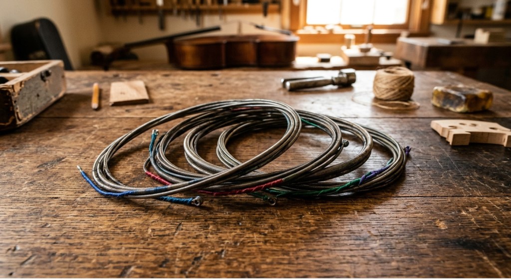 Coiled guitar strings of various colors arranged on a wooden workbench, with tools and materials visible in the background.